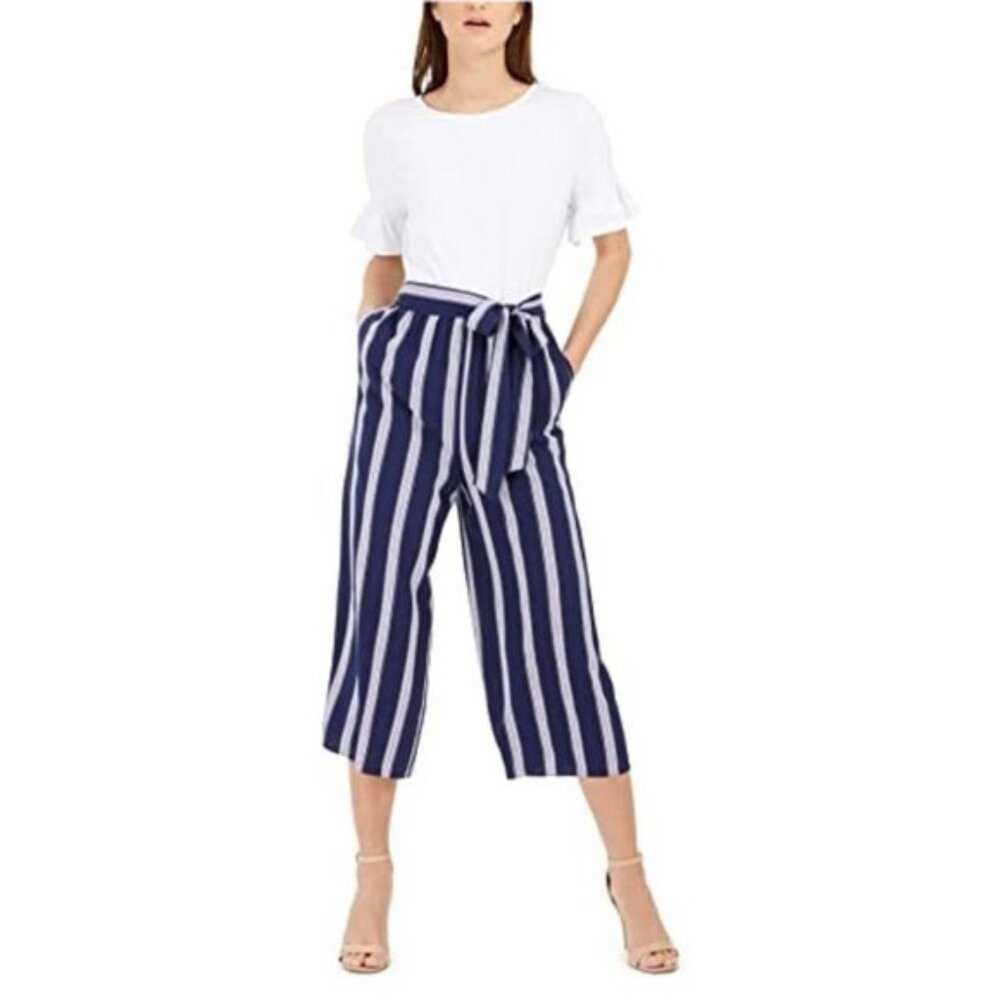 Maison Jules Navy Belted Striped Jumpsuit